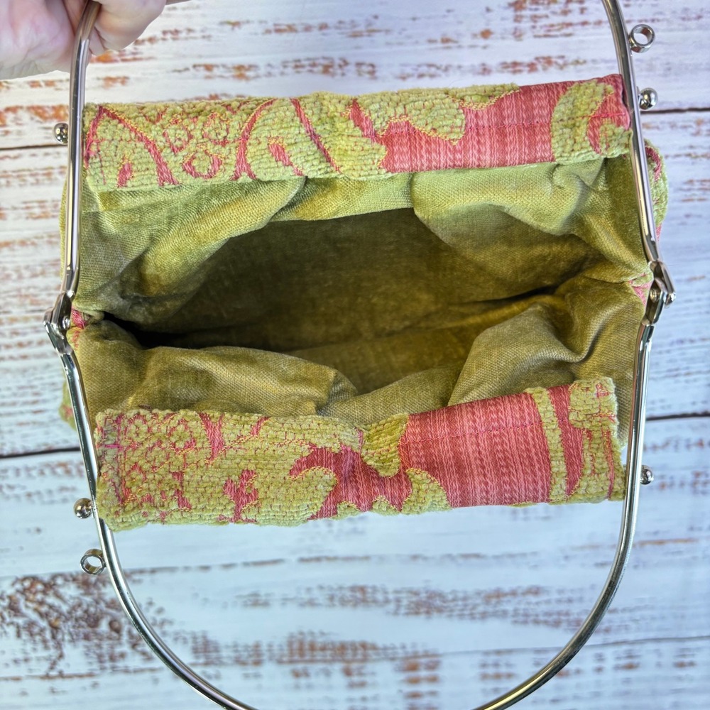 Vintage Kiss-Lock Purse S Pink Green Chenille Damask Rhinestone Bow Coquette Bag - Picture 6 of 13